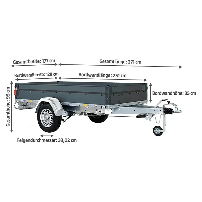 Stema Anhänger BASIC ST 1300-25-13.1 - Nutzlast: 1.040 kg, Einachser, Kasteninnenmaß: 251 x 128 x 35 cm, Gebremst - Seitenansicht eines Tiefladers mit Maßangaben. Der Anhänger ist in dunklen Farben gehalten.