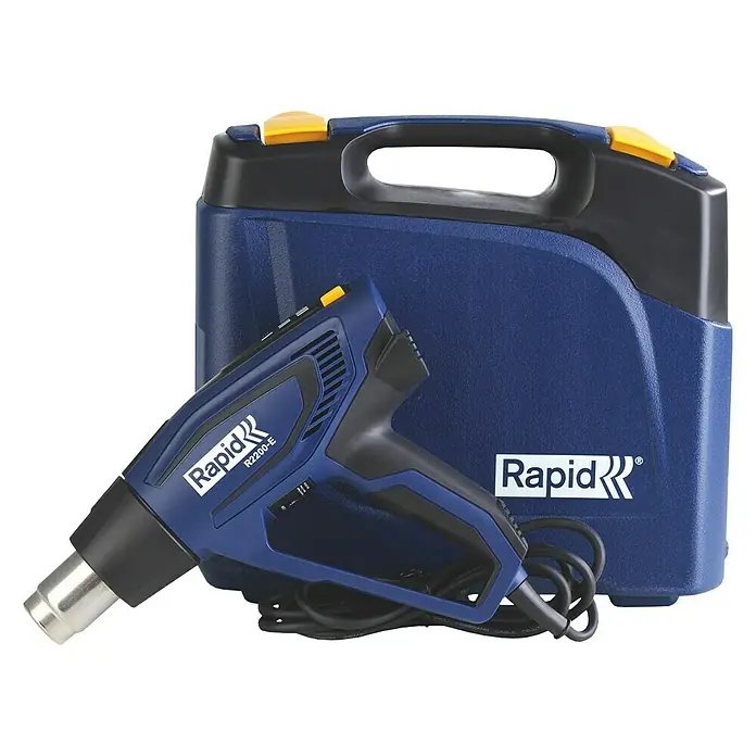 Rapid Heißluftgebläse R2200-E - 2.200 W, Temperaturbereich: 60 °C - 650 °C - Der Rapid R2200-E Heißluftfön mit Zubehörkoffer, ideal für professionelle Anwendungen und sichere Aufbewahrung.