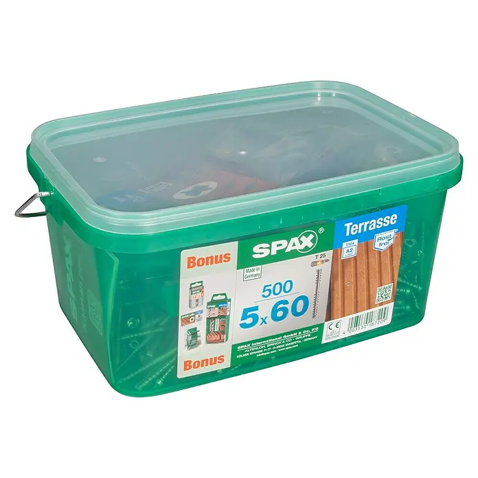 Spax T-Star plus Terrassenschraube Bonus Set T-Star Plus - Ø x L: 5 x 60 mm, Edelstahl rostfrei A2, Blank, 500 -tlg. - Grüne Kunststoffbox mit SPAX Terrassenschrauben 5x60, ideal für den Außenbereich. Rostfrei und mit Bonus.