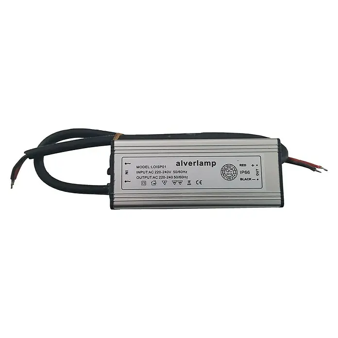Alverlamp Dispositivo antiparpadeo - Tiras LED - Primer plano de un transformador LED Alverlamp plateado, etiquetado con cables y especificaciones como modelo y potencia.