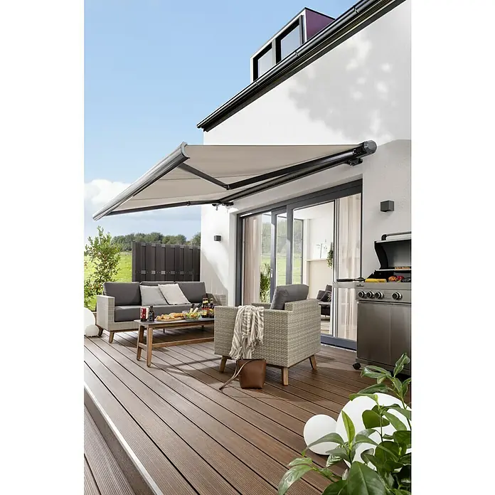 Starlux LED-Außenwandleuchte Umea - 8 W, 10 x 10 x 10 cm, Anthrazit, IP54 - Die elegante Markise spendet Schatten auf der Terrasse mit Gartenmöbeln und Grill und schafft eine entspannte Atmosphäre.