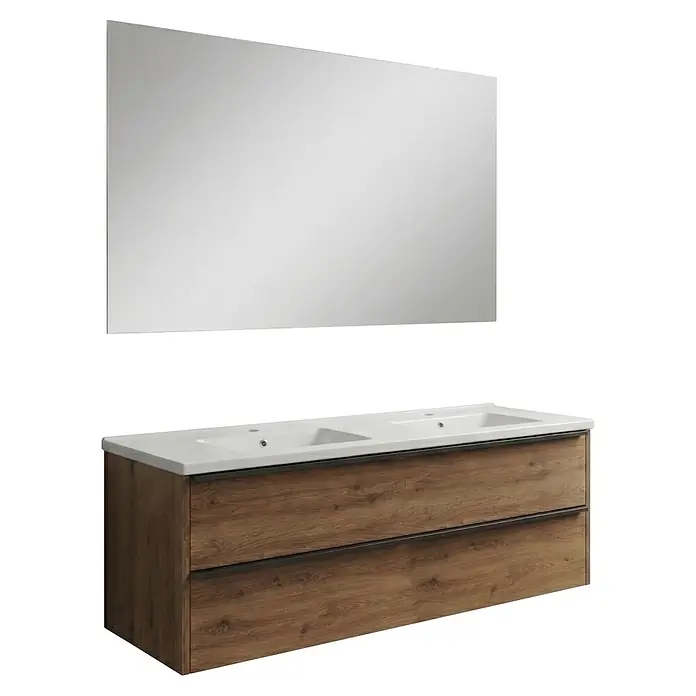 Futurbath Conjunto de mueble de baño Life - Roble, 3 pzs. - Mueble de baño doble con cajones de madera y lavabos blancos, acompañado de un gran espejo rectangular.