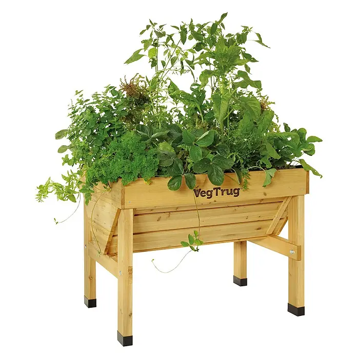 VegTrug Hochbeet Classic - Holz, Natur - Erhöhtes V-förmiges Hochbeet aus Naturholz, gefüllt mit verschiedenen Grünpflanzen, auf Beinen stehend.