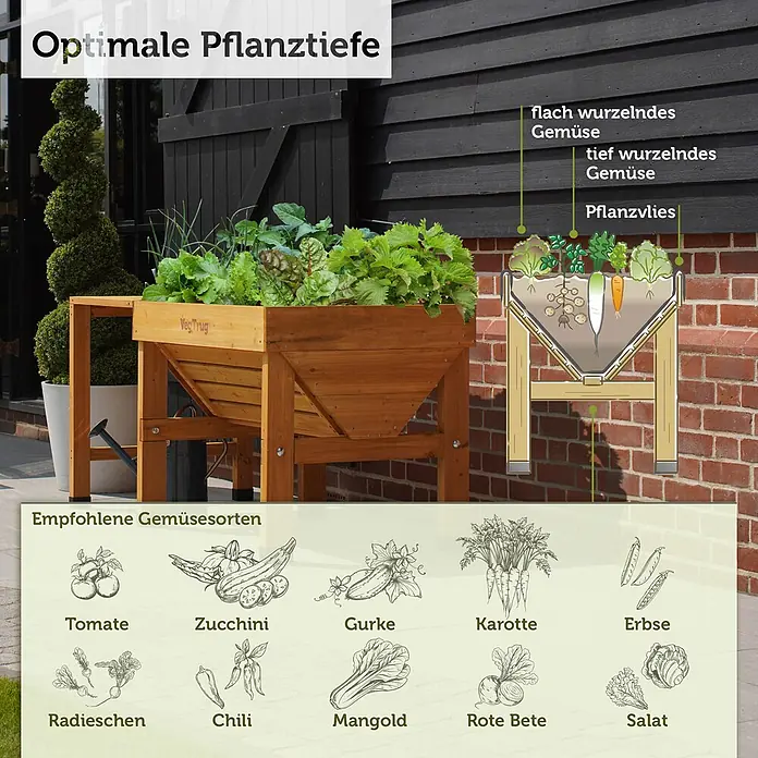 VegTrug Hochbeet Classic - Holz, Natur - Ein hölzernes V-förmiges Hochbeet (VegTrug) mit verschiedenen Gemüsen, das ein Diagramm zur optimalen Pflanztiefe und Empfehlungen zeigt.