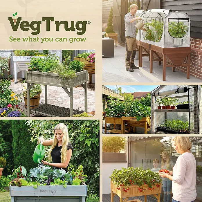 VegTrug Kräuterhochbeet - Material: Holz - Collage hölzerner VegTrug Hochbeete mit Pflanzen und Abdeckungen. Menschen bauen darin Kräuter, Gemüse und Erdbeeren in Gärten und auf Terrassen an.