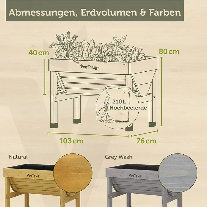 VegTrug Hochbeet Classic - Holz, Natur - Hölzernes Hochbeet, 103x76x80cm, 210L Fassungsvermögen, in Natur und Grau lasiert.