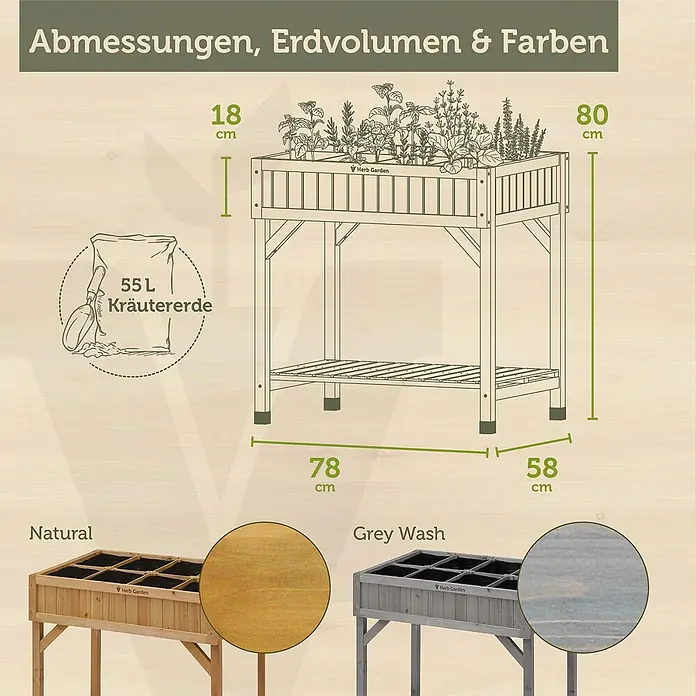 VegTrug Kräuterhochbeet - Material: Holz - Erhöhtes Kräuterbeet aus Holz, gezeigt in Natur und Grau, mit Maßen und 55L Erdvolumen.