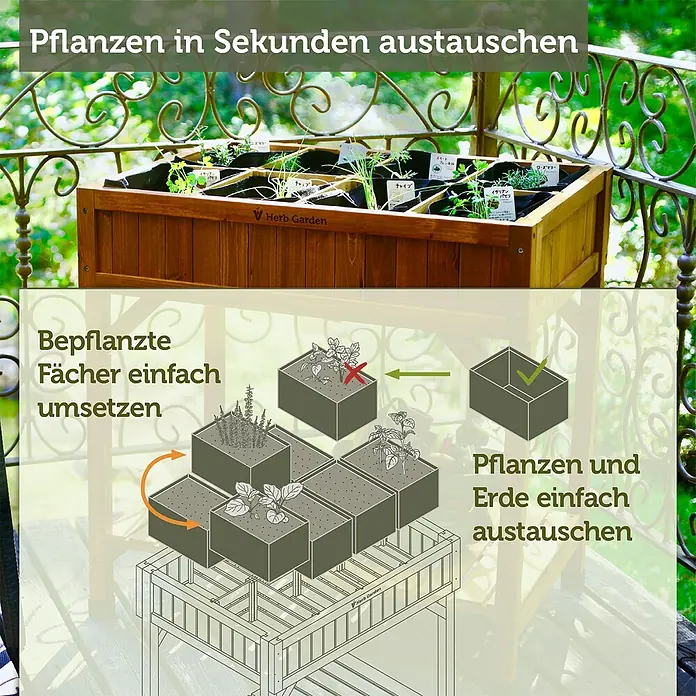 VegTrug Kräuterhochbeet - Material: Holz - Ein hölzernes Kräuterbeet mit modularen Fächern zum einfachen Austausch von Pflanzen und Erde.