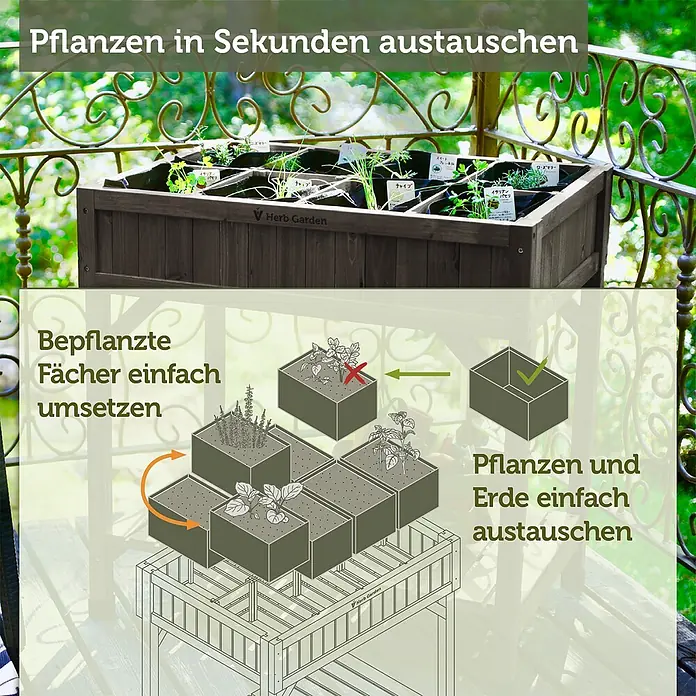 VegTrug Kräuterhochbeet - Material: Holz - Holz-Kräuterhochbeet mit austauschbaren Pflanzfächern, auf einem Balkon und in einem Funktionsdiagramm dargestellt.