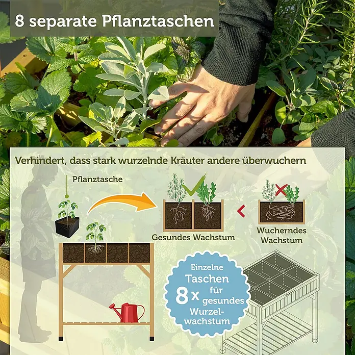 VegTrug Kräuterhochbeet - Material: Holz - Erhöhtes Hochbeet aus Holz mit 8 separaten Pflanztaschen für gesundes Pflanzenwachstum, verhindert Wurzelüberwucherung.