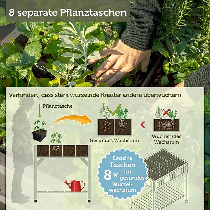 VegTrug Kräuterhochbeet - Material: Holz - Erhöhtes Hochbeet mit 8 separaten Pflanztaschen fördert gesundes Wurzelwachstum und verhindert Überwucherung von Kräutern.
