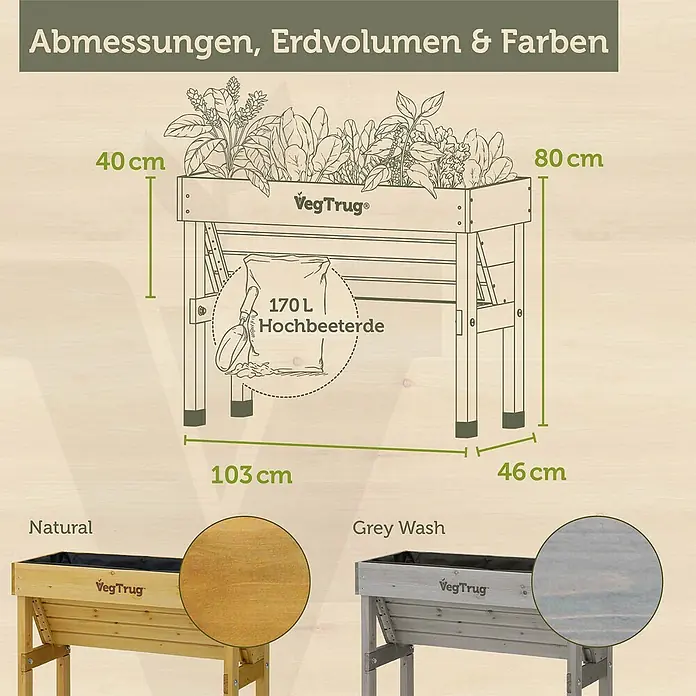 VegTrug Hochbeet WallHugger - 103 x 76 x 80 cm, Holz, Greywash - VegTrug Hochbeet mit Maßen (103x46x80 cm), 170 L Volumen, in Naturholz und Grau-Waschung verfügbar.