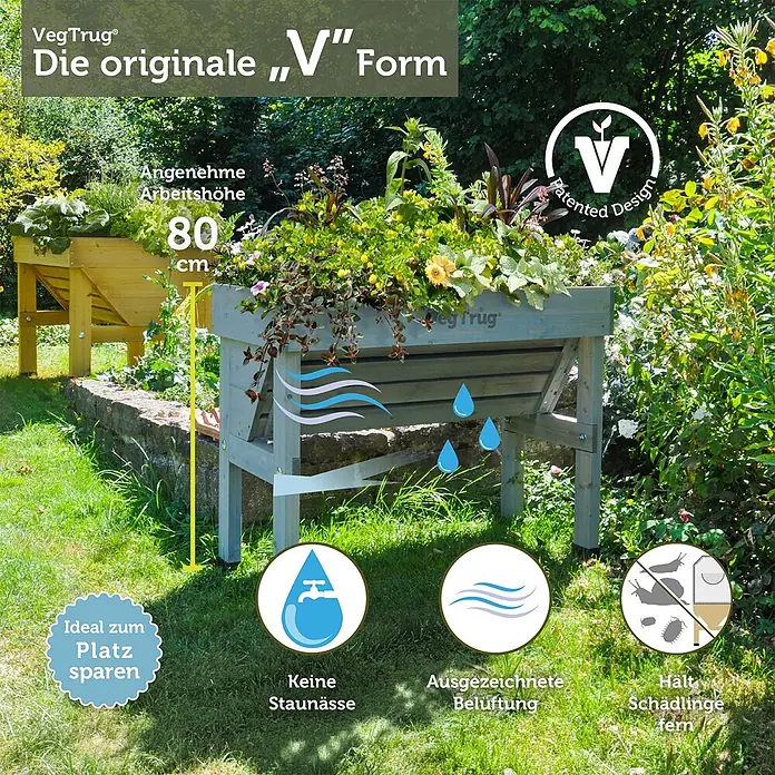 VegTrug Hochbeet WallHugger - 103 x 76 x 80 cm, Holz, Greywash - V-förmiges, hellblau-graues VegTrug Hochbeet (80 cm) mit Pflanzen, ideal für bequemes Gärtnern, gute Belüftung und Schutz vor Schädlingen.