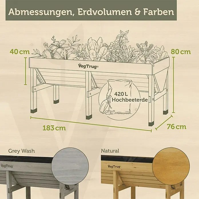 VegTrug Hochbeet Classic - Holz, Natur - VegTrug Hochbeet: 183x76x80cm, 420L Fassungsvermögen. Gezeigt in Grey Wash und Naturholz-Ausführung.