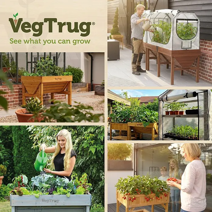 VegTrug Hochbeet Classic - Holz, Natur - Hölzerne VegTrug Hochbeete, teils mit Abdeckungen, von Personen zum Anbau von Gemüse, Obst und Pflanzen in verschiedenen Umgebungen genutzt.