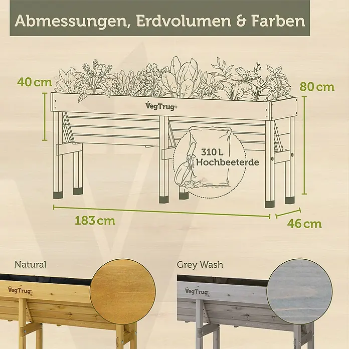 VegTrug Hochbeet WallHugger - 183 x 76 x 80 cm, Holz, Greywash - VegTrug Holz-Hochbeet, 183x46x80 cm, 310L Erdvolumen, in Naturholz und Grey Wash.