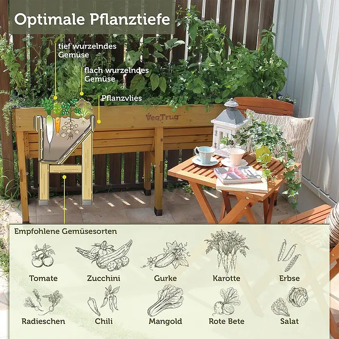VegTrug Hochbeet Wall Hugger - Holz, Natur - Ein hölzernes VegTrug Hochbeet auf einer Terrasse, mit einer erklärenden Grafik zu optimalen Pflanztiefen für Gemüse.