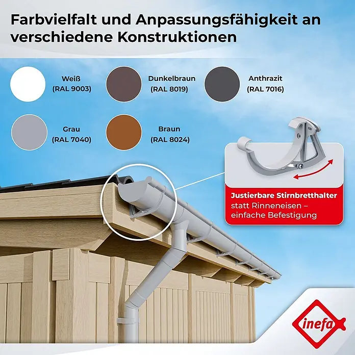 Inefa Dachrinne 2x Set 5m PVC NW100 / 100mm Halbrund Gartenhaus Weiß - Nennweite: 100 mm, Kunststoff, Weiß - Dachrinnensystem mit justierbarem Stirnbretthalter an Holzgebäude. Erhältlich in Weiß, Grau, Dunkelbraun, Anthrazit und Braun.