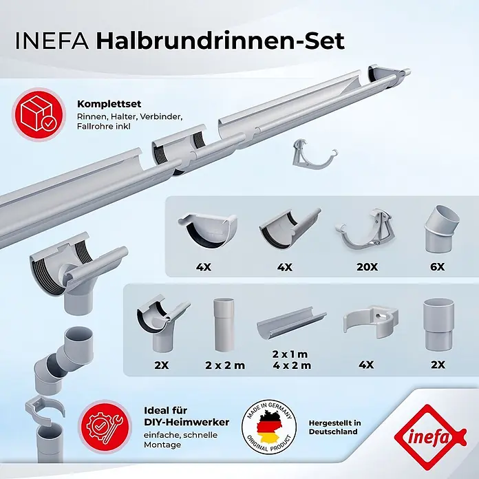Inefa Dachrinne 2x Set 5m PVC NW100 / 100mm Halbrund Gartenhaus Weiß - Nennweite: 100 mm, Kunststoff, Weiß - INEFA Halbrundrinnen-Set aus grauem Kunststoff, bestehend aus Rinnen, Haltern, Verbindern und Fallrohren für die DIY-Montage.