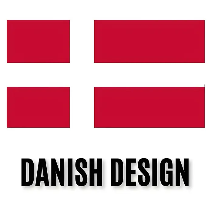 Allux Paketbox 800 - L x B x H: 280 x 390 x 980 mm, Schwarz, Stahl, Paketfach, Entnahme: Vorne - Dänische Flagge in Rot und Weiß mit dem Schriftzug "DANISH DESIGN" darunter.