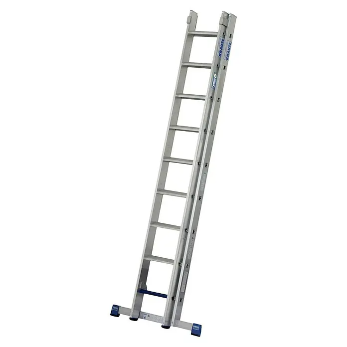 Krause Stabilo Schiebeleiter +S - Anzahl Tritte: 18 Stk., Arbeitshöhe: 5,15 m, Aluminium - Eine silberne Mehrzweckleiter von KRAUSE, die für verschiedene Höhenanforderungen vielseitig einsetzbar ist und sicheren Stand bietet.