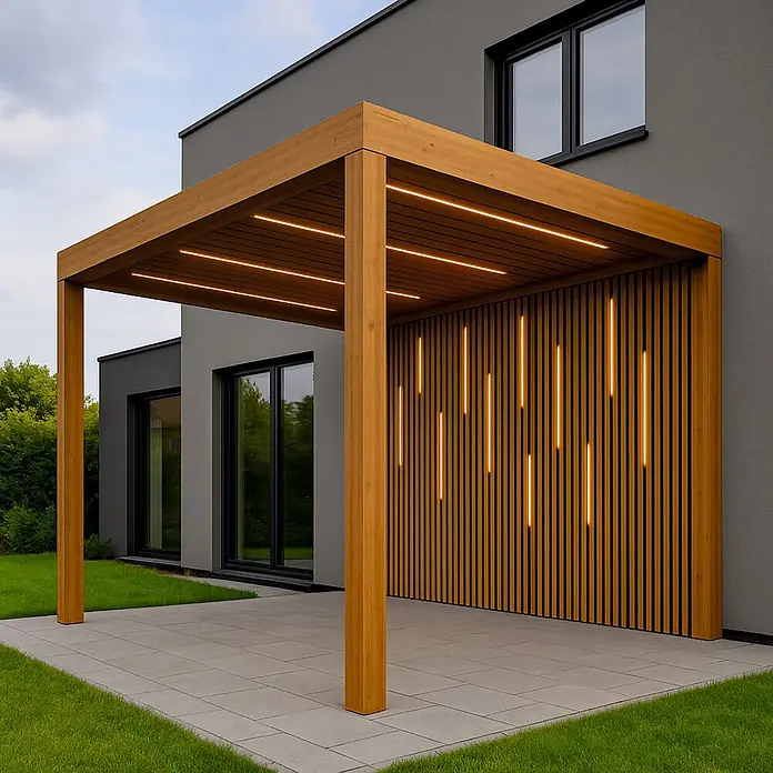 Direct Signs Transformator Akus IP 150W/ 24V - Schwarz - Moderne Holzpergola mit integrierter Beleuchtung, die von einem Haus über eine gepflasterte Terrasse reicht.