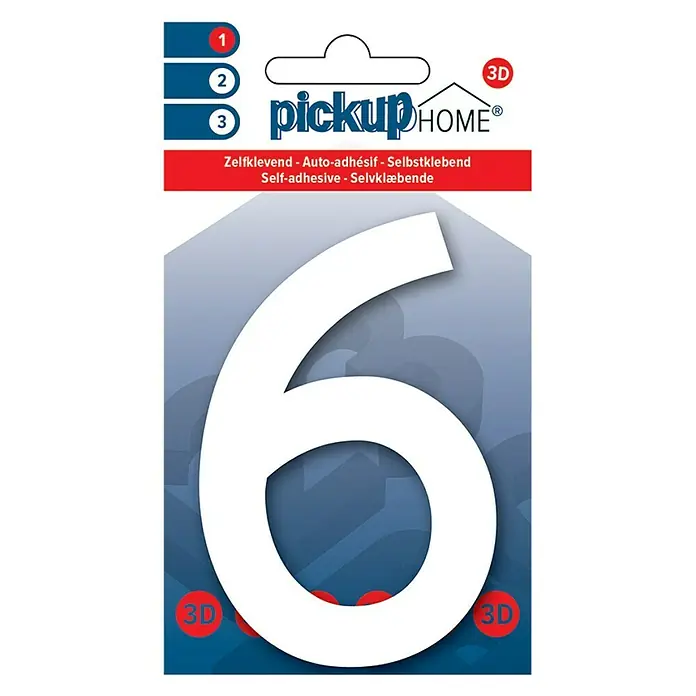 Pickup 3D Home Número - Altura: 10 cm, Plástico, Motivo: 6 - Primer plano del número de casa autoadhesivo 6 de Pickup Home en blanco, diseño 3D para fácil aplicación.