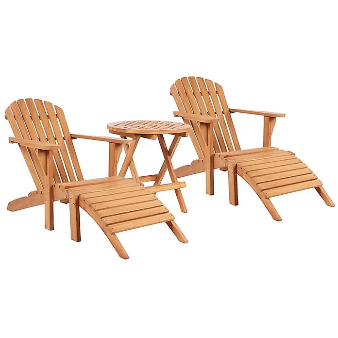 Bene Living Gartenliegen-Set Sessel Montreal & Tisch Dorset - braun, Naturmaterialien, Klappbar - Zwei Adirondack-Holzstühle mit Hockern und einem passenden Beistelltisch.