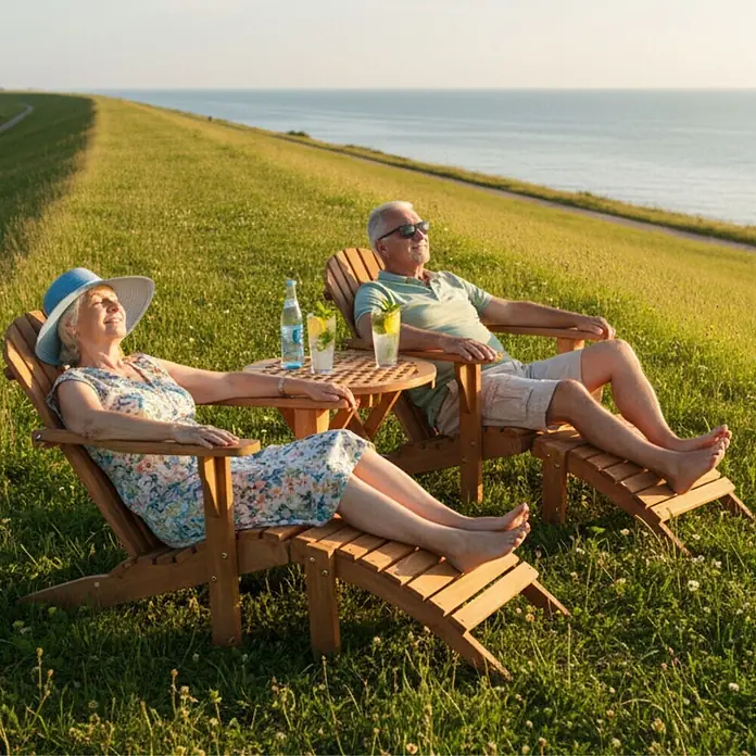 Bene Living Gartenliegen-Set Sessel Montreal & Tisch Dorset - braun, Naturmaterialien, Klappbar - Adirondack-Holzstühle mit Fußhockern und einem kleinen Tisch, genutzt von zwei Personen am Meer.