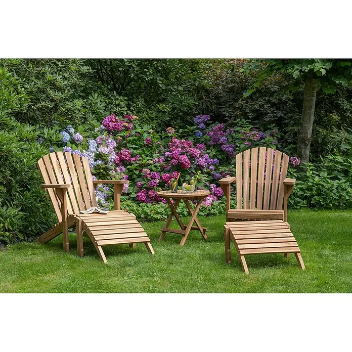 Bene Living Gartenliegen-Set Sessel Montreal & Tisch Dorset - B x T: 141 x 73 cm, braun, Naturmaterialien, Klappbar - Zwei Gartenstühle aus Naturholz mit Fußstützen und passendem Beistelltisch.