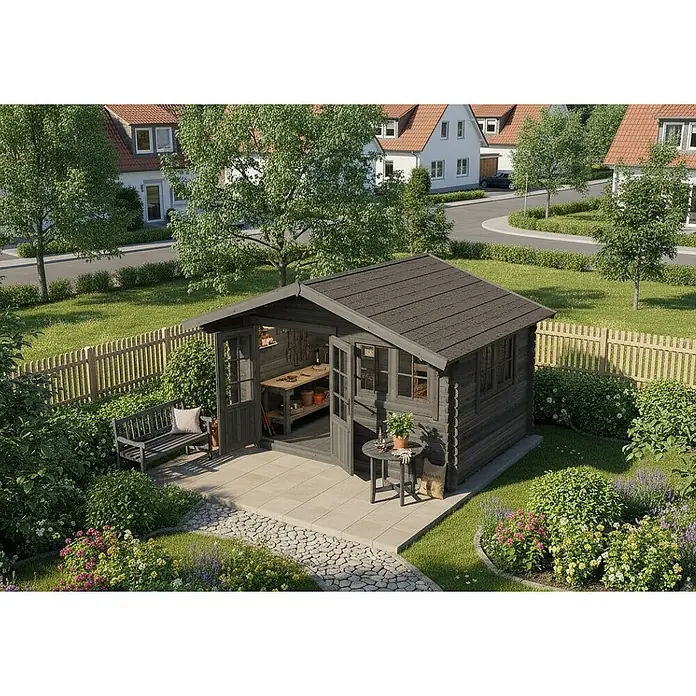 Alpholz Gartenhaus ECO Set Gabriel 400 x 300 cm grau - Außenmaß inkl. Dachüberstand (B x T): 435 x 367 cm, Holz, Grau - Dunkelgraues Holzgartenhaus und Werkstatt mit offener Front, auf einer Terrasse im Garten.