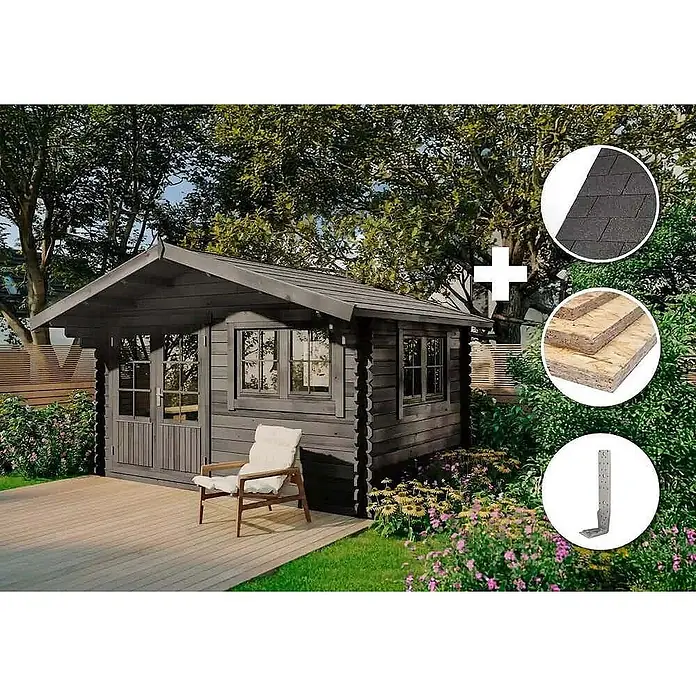 Alpholz Gartenhaus ECO Set Gabriel 400 x 300 cm grau - Außenmaß inkl. Dachüberstand (B x T): 435 x 367 cm, Holz, Grau - Dunkelgraue Gartenhütte aus Holz mit Terrasse, zeigt Dachschindeln, OSB-Platten und Metallwinkel in Bildausschnitten.