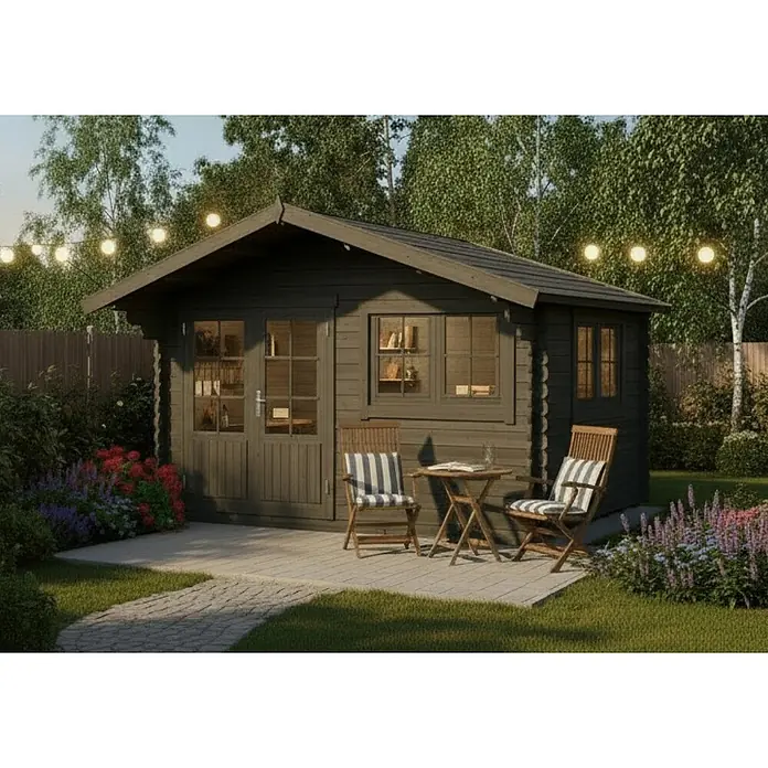Alpholz Gartenhaus ECO Set Gabriel 400 x 300 cm grau - Außenmaß inkl. Dachüberstand (B x T): 435 x 367 cm, Holz, Grau - Dunkelgraues Holz-Gartenhaus mit Doppeltüren und Fenstern, in einem Garten mit Terrasse, Sitzgelegenheiten und Lichterkette.
