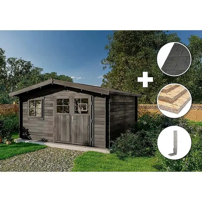 Alpholz Gartenhaus ECO Set Valeria grau - Außenmaß inkl. Dachüberstand (B x T): 438 x 427 cm, Holz, Grau - Dunkelgraues Holzgartenhaus im Garten. Eingeblendet sind Dachschindeln, OSB-Platten und ein Metallwinkel.