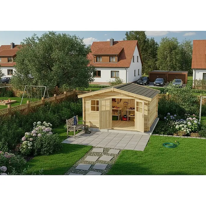 Alpholz Gartenhaus ECO Set Valeria imprägniert - Außenmaß inkl. Dachüberstand (B x T): 438 x 427 cm, Holz, Pinie - Gartenhaus aus hellem Holz mit offenen Türen, als Werkstatt genutzt.