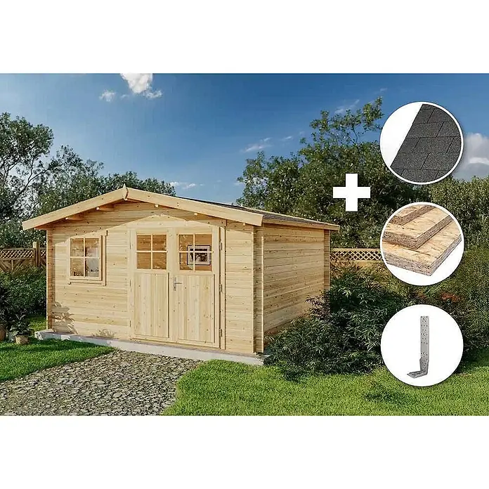 Alpholz Gartenhaus ECO Set Valeria imprägniert - Außenmaß inkl. Dachüberstand (B x T): 438 x 427 cm, Holz, Pinie - Gartenhaus aus Naturholz mit Doppeltür; inklusive Dachschindeln, Platten und L-Winkel.