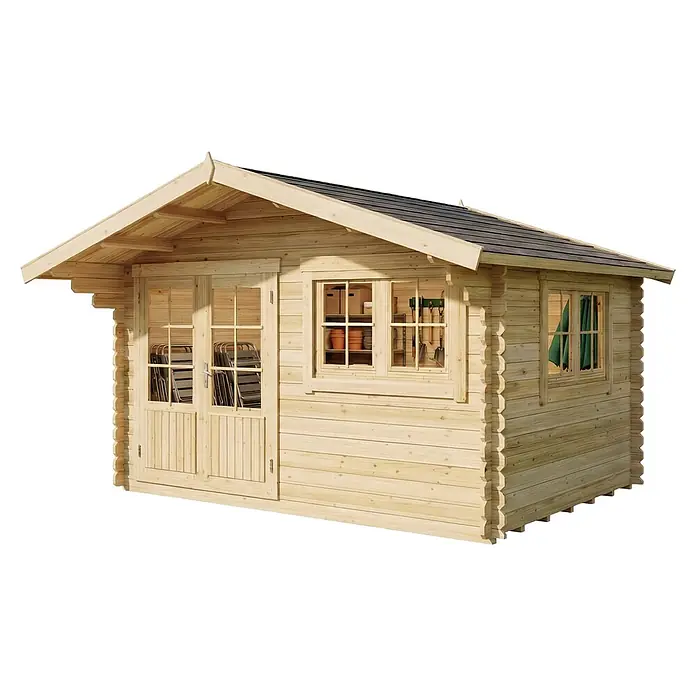 Alpholz Gartenhaus ECO Set Gabriel 400 x 300 cm - Außenmaß inkl. Dachüberstand (B x T): 438 x 367 cm, Holz, Naturbelassen - Helles Holzgartenhaus mit Doppeltür und Fenstern, mit dunklem Dach.