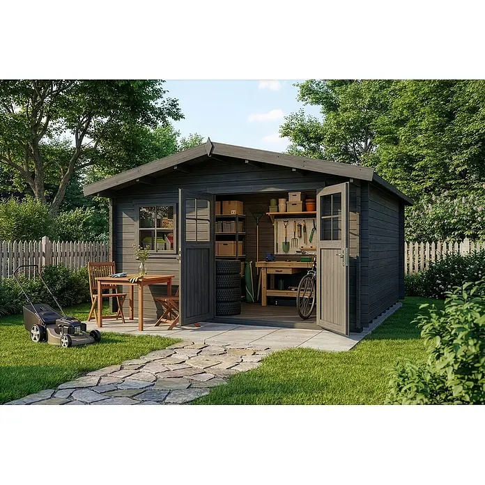 Alpholz Gartenhaus Valeria - Außenmaß inkl. Dachüberstand (B x T): 438 x 427 cm, Holz, Grau - Dunkelgrauer Holzgartenschuppen mit offenen Türen, der Werkzeuge und Lagerung zeigt, in einem grünen Garten mit Terrasse.
