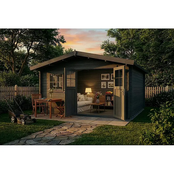 Alpholz Gartenhaus Valeria - Außenmaß inkl. Dachüberstand (B x T): 438 x 427 cm, Holz, Grau - Dunkel lasiertes Gartenhaus mit Außenbereich und gemütlichem Interieur, eingebettet in einen üppigen Garten bei Dämmerung.
