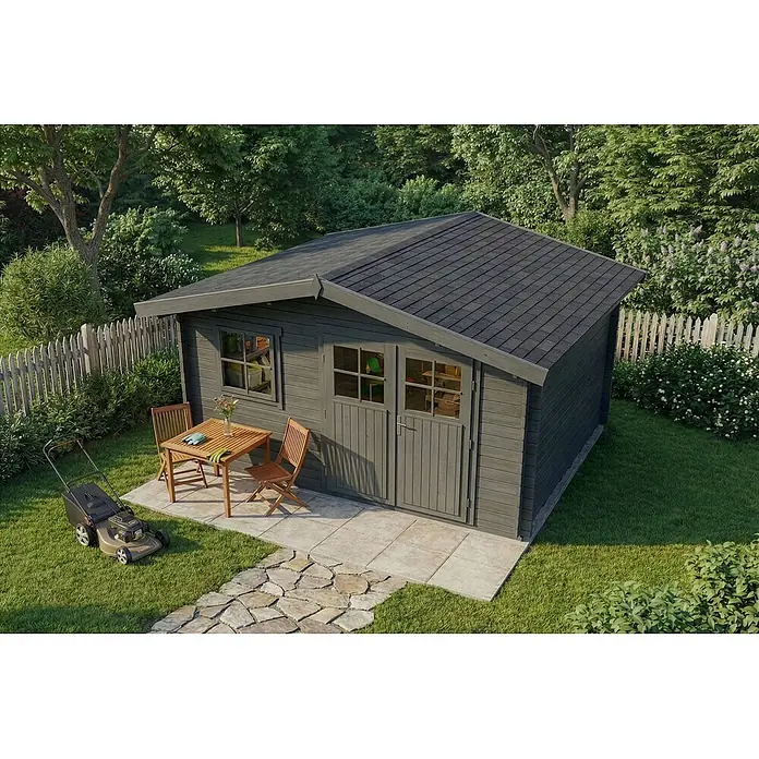 Alpholz Gartenhaus Valeria - Außenmaß inkl. Dachüberstand (B x T): 438 x 427 cm, Holz, Grau - Grauer Gartenhaus aus Holz mit Terrasse, Gartenmöbeln und Rasenmäher.