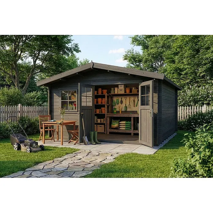 Alpholz Gartenhaus Valeria - Außenmaß inkl. Dachüberstand (B x T): 438 x 427 cm, Holz, Grau - Dunkelgrauer Holzgartenschuppen mit offenen Türen, der Werkzeuge zeigt, in einer Gartenumgebung.