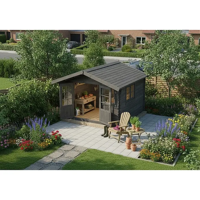 Alpholz Gartenhaus ECO Set Gabriel 300 x 400 cm grau - Außenmaß inkl. Dachüberstand (B x T): 338 x 467 cm, Holz, Grau - Dunkelgraues Gartenhaus aus Holz mit offenen Doppeltüren, auf einer Terrasse in einem Garten mit Sitzgelegenheiten. Ideal zum Gärtnern oder Entspannen.