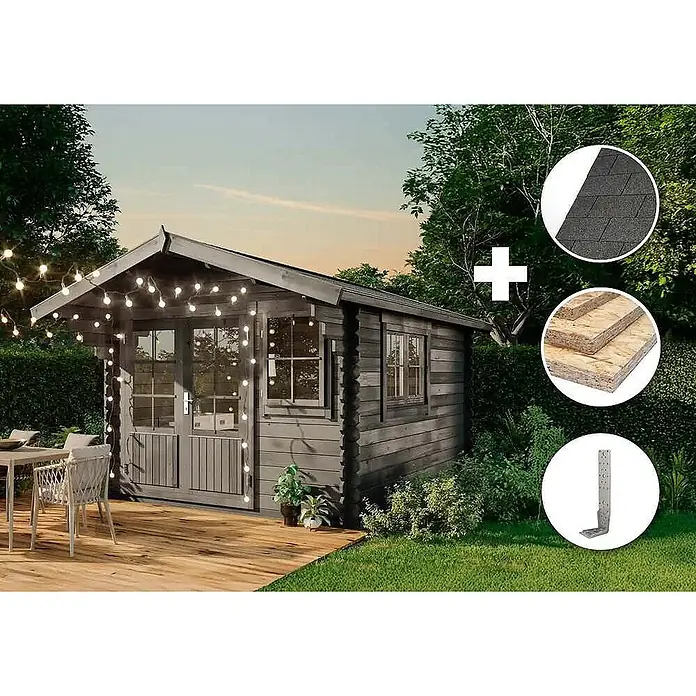 Alpholz Gartenhaus ECO Set Gabriel 300 x 400 cm grau - Außenmaß inkl. Dachüberstand (B x T): 338 x 467 cm, Holz, Grau - Dunkelgraues Holzgartenhaus mit Terrasse, Lichterkette und Zubehör: Dachschindeln, OSB-Platten, Metallwinkel.