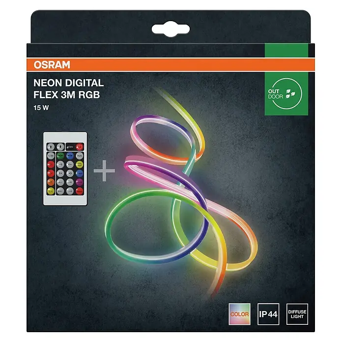 Ledvance LED-Band Outdoor Neon Flex Digital - Länge: 3 m, Lichtfarbe: RGBW, 15 W, 120 lm - OSRAM NEON DIGITAL FLEX 3M RGB 15W Lichtschlauch, Fernbedienung, gewundenes, mehrfarbiges Flex und 'OUT DOOR', 'IP44', 'DIFFUSE LIGHT' Etiketten.