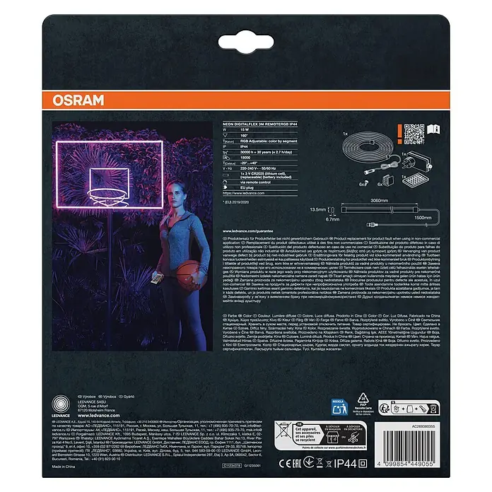Ledvance LED-Band Outdoor Neon Flex Digital - Länge: 3 m, Lichtfarbe: RGBW, 15 W, 120 lm - OSRAM Neon Digitalflex 3m RGB Lichtband Verpackung, zeigt einen mit pinkem Neonlicht beleuchteten Basketballkorb und Produktdetails.