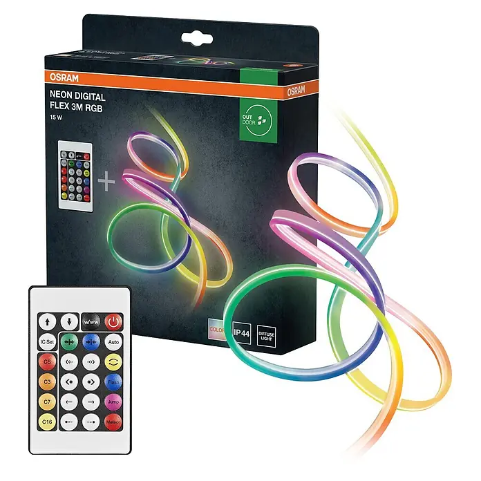 Ledvance LED-Band Outdoor Neon Flex Digital - Länge: 3 m, Lichtfarbe: RGBW, 15 W, 120 lm - OSRAM Neon Digital Flex 3M RGB Lichtband und Fernbedienung. Der flexible, mehrfarbige LED-Streifen ist künstlerisch aufgewickelt mit seiner Verpackung.
