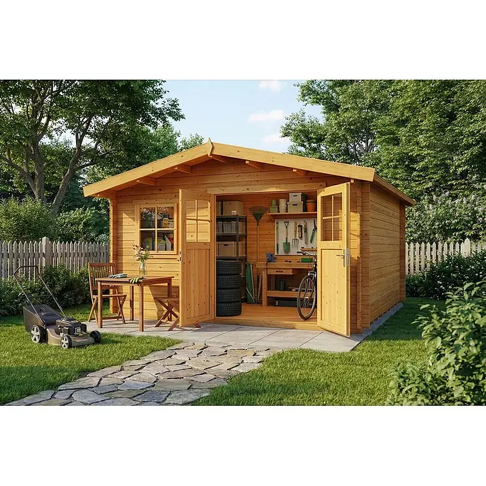 Alpholz Gartenhaus Valeria - Außenmaß inkl. Dachüberstand (B x T): 438 x 427 cm, Holz, Pinie - Holzgartenhaus mit Doppeltüren, Werkzeugen und einem Fahrrad, neben Sitzgelegenheiten im Freien.