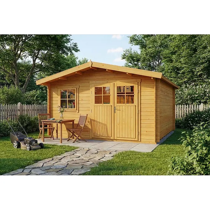 Alpholz Gartenhaus Valeria - Außenmaß inkl. Dachüberstand (B x T): 438 x 427 cm, Holz, Pinie - Helles Gartenhaus aus Holz mit Doppeltür und Seitenfenster, auf gepflasterter Fläche.