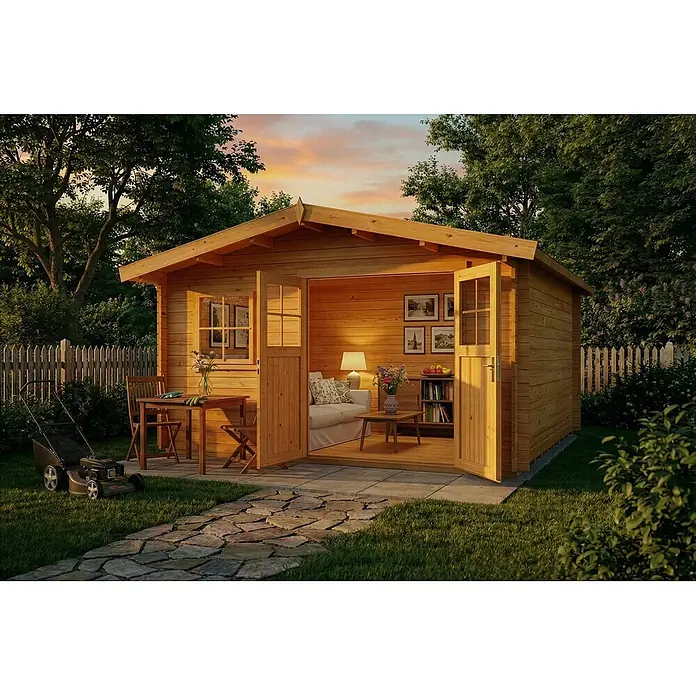 Alpholz Gartenhaus ECO Set Valeria imprägniert - Außenmaß inkl. Dachüberstand (B x T): 438 x 427 cm, Holz, Pinie - Gemütliche Gartenhütte aus Holz mit offener Front, innen und außen möbliert, in einem grünen Garten.