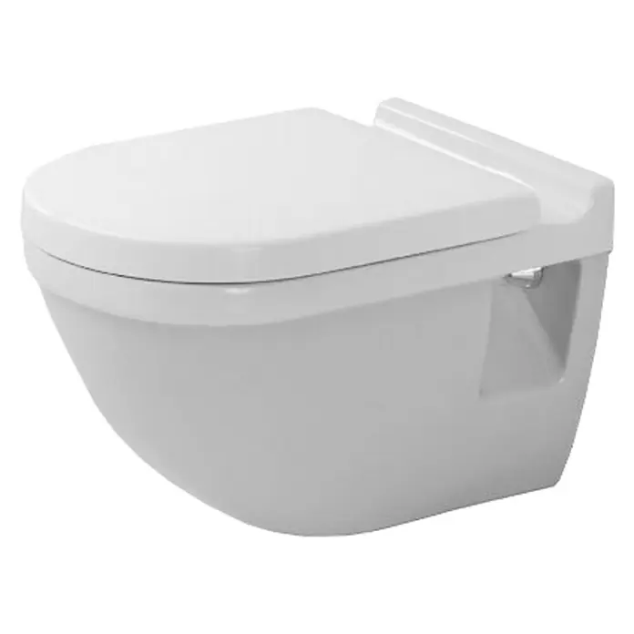 Duravit Starck 3 Wand-WC - Mit Spülrand, Mit antibakterieller Glasur, Spülform: Flach, WC Abgang: Waagerecht, Weiß - Nahaufnahme einer weißen, wandmontierten Toilette mit geschlossenem Deckel, ideal für moderne Badezimmerdesigns.
